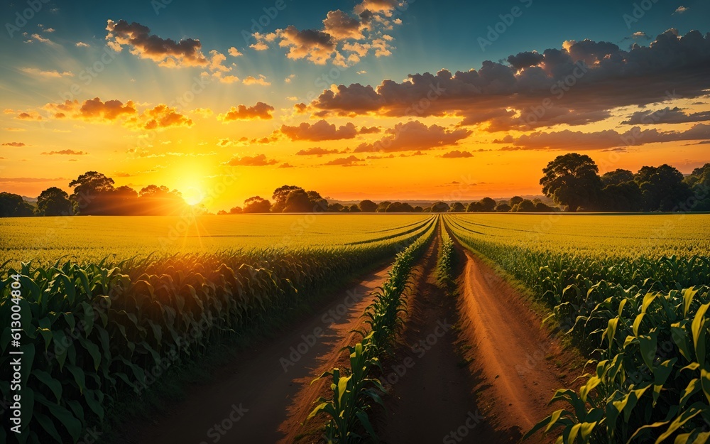 An image of a corn plantation during sunset