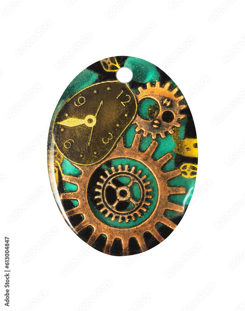 Steampunk style epoxy resin pendant with cogwheels and timepiece. Fashion jewelry, handicraft. Steampunk style epoxy resin pendant with cogwheels and timepiece. Fashion jewelry, handicraft.
