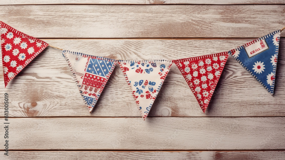 Obraz premium Patriotic American Themed Fourth of July Bunting Decoration Flat Lay - on Aged White Wood Backdrop with Copy Space - 4th of July Crafts - Cloth in USA Red, White, and Blue Flag Colors - Generative AI