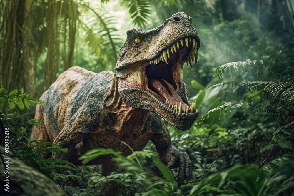 Obraz premium Wild Tyrannosaurus Rex in the jungle. Generative AI