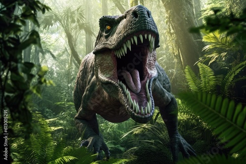 Wild Tyrannosaurus Rex in the jungle. Generative AI