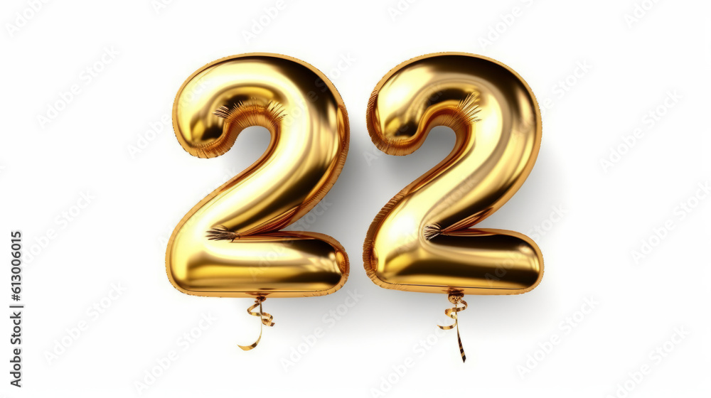 Two golden balloons shaped as the number 22. Generative ai Two golden balloons shaped as the number 22. Generative ai