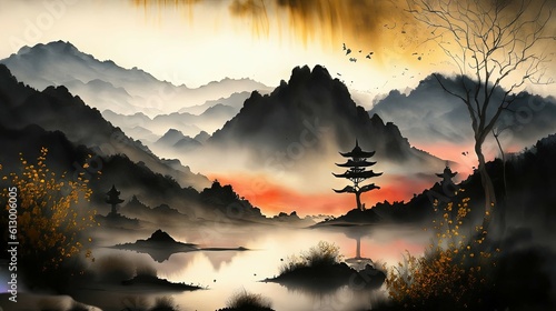 sunrise over the mountains in Japan - Created with Generative AI Technology  © Faris