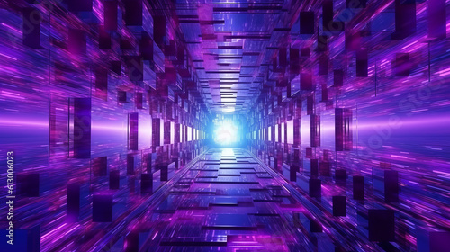 A mystical purple tunnel with a glowing light at the end. Generative ai