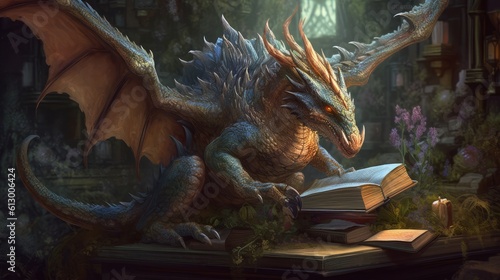 A dragon reading surrounded by books. Generative AI. 