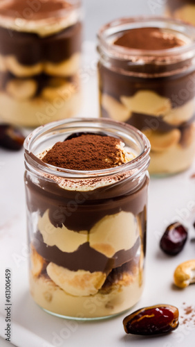 Cashew and dates vegan tiramisu with chocolate in portion jars. Healthy lifestyle no bake dessert close up - generative ai