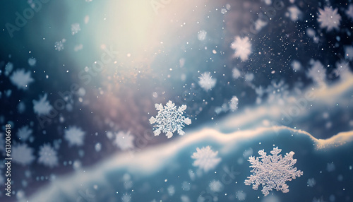 A mesmerizing scene of snowflakes drifting in the wind, with soft colors and a dreamy atmosphere. Generative ai