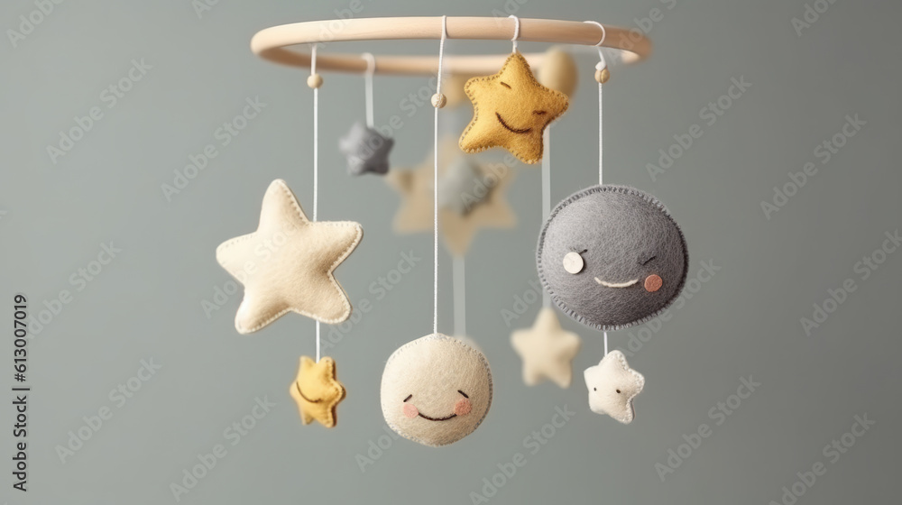 Baby cot mobile, musical toy hang over the crib. Dreamy bear in the