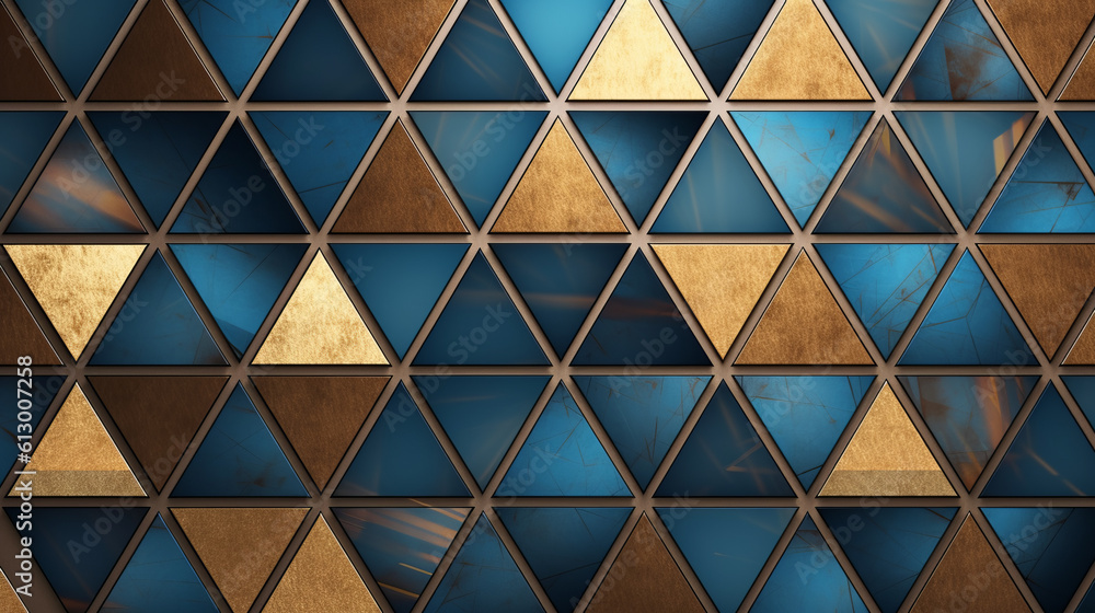 A geometric patterned wall with blue and gold triangles. Generative ai A geometric patterned wall with blue and gold triangles. Generative ai