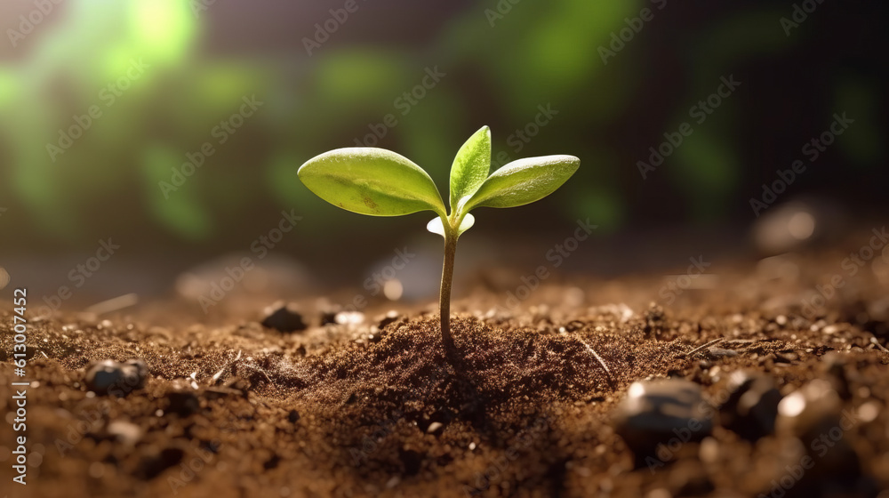Fototapeta premium A young green plant emerging from the soil. Generative ai