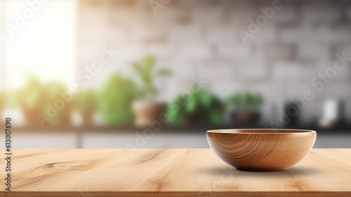 A rustic wooden bowl resting on a wooden table. Generative ai