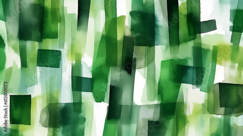 A geometric abstract painting with green and white squares. Generative ai