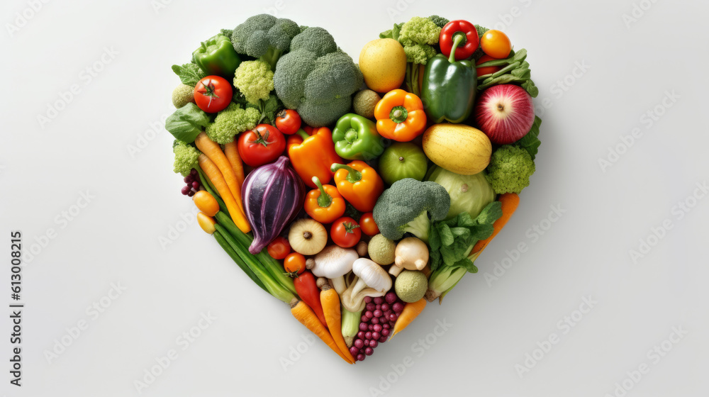 A heart shaped arrangement of fresh and colorful fruits and vegetables. Generative ai