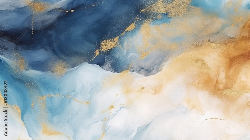 An abstract painting featuring shades of gold and blue. Generative ai