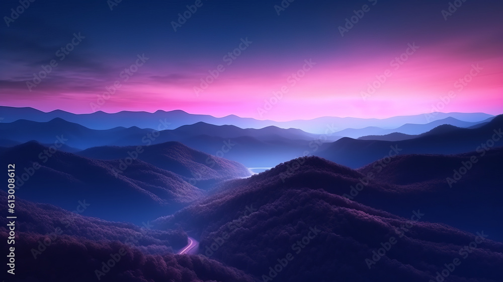 A majestic mountain range at sunset. Generative ai