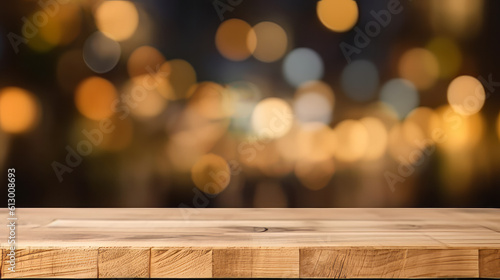 A wooden table top with bokeh lights in the background. Generative ai