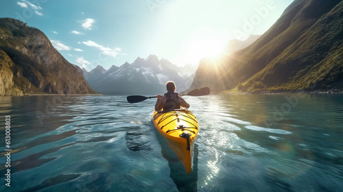A kayaker paddling through a serene natural landscape. Generative ai