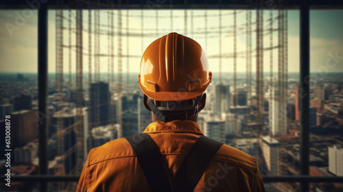 A construction worker wearing a hard hat standing on a high rise building and looking out over a city skyline. Generative ai