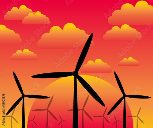 illustration windmills and setting sun