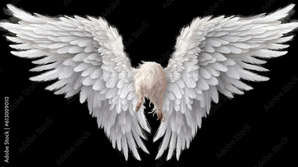 Fototapeta premium A white bird with wings spread against a black background. Generative ai