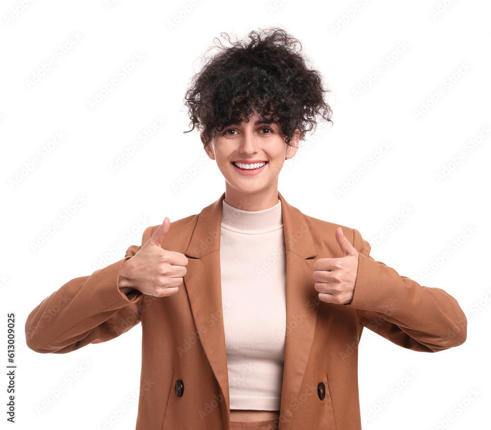 Beautiful happy businesswoman showing thumbs up on white background Beautiful happy businesswoman showing thumbs up on white background