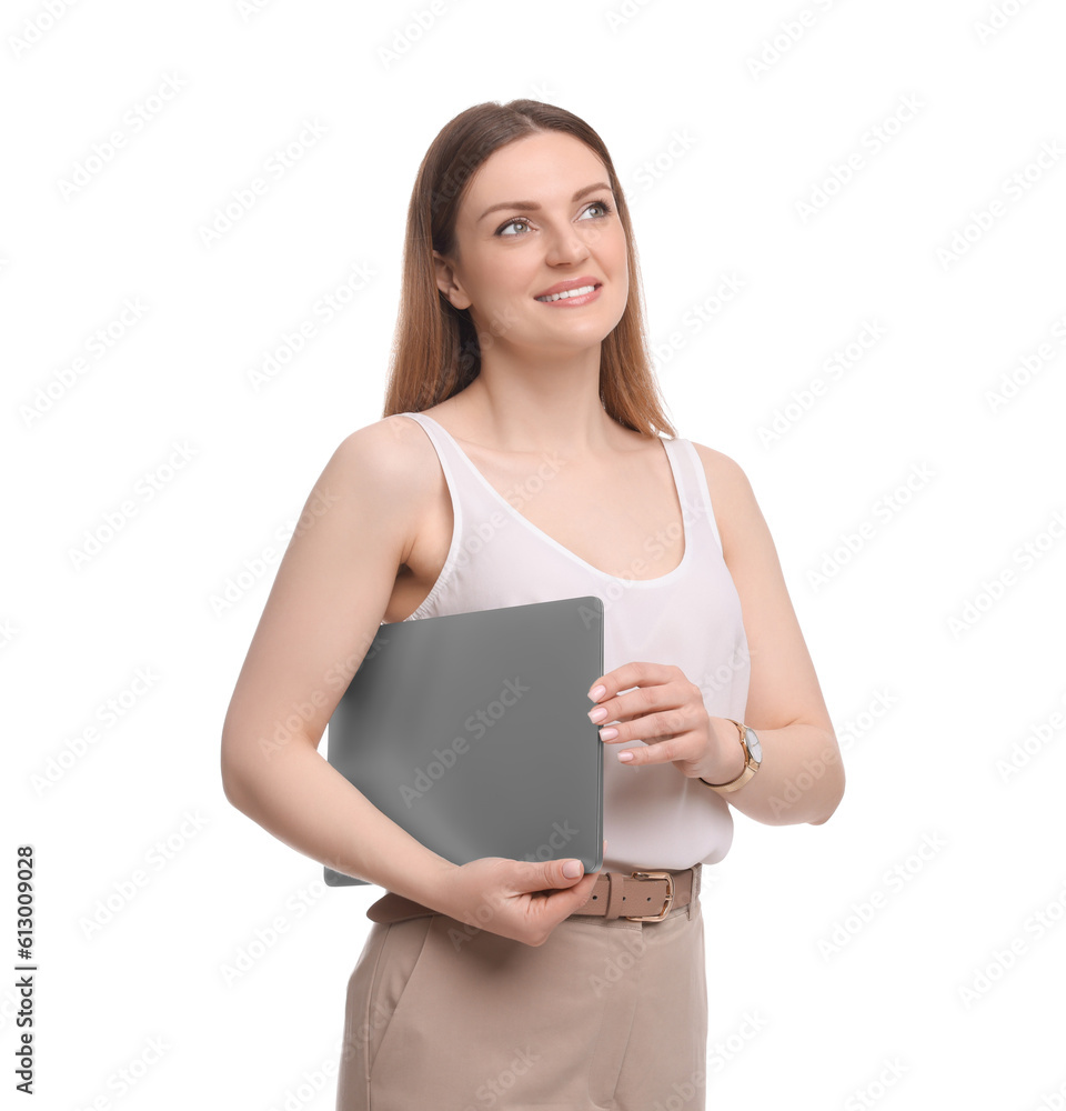 Beautiful businesswoman with laptop on white background