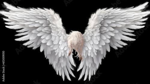 A white bird with wings spread against a black background. Generative ai