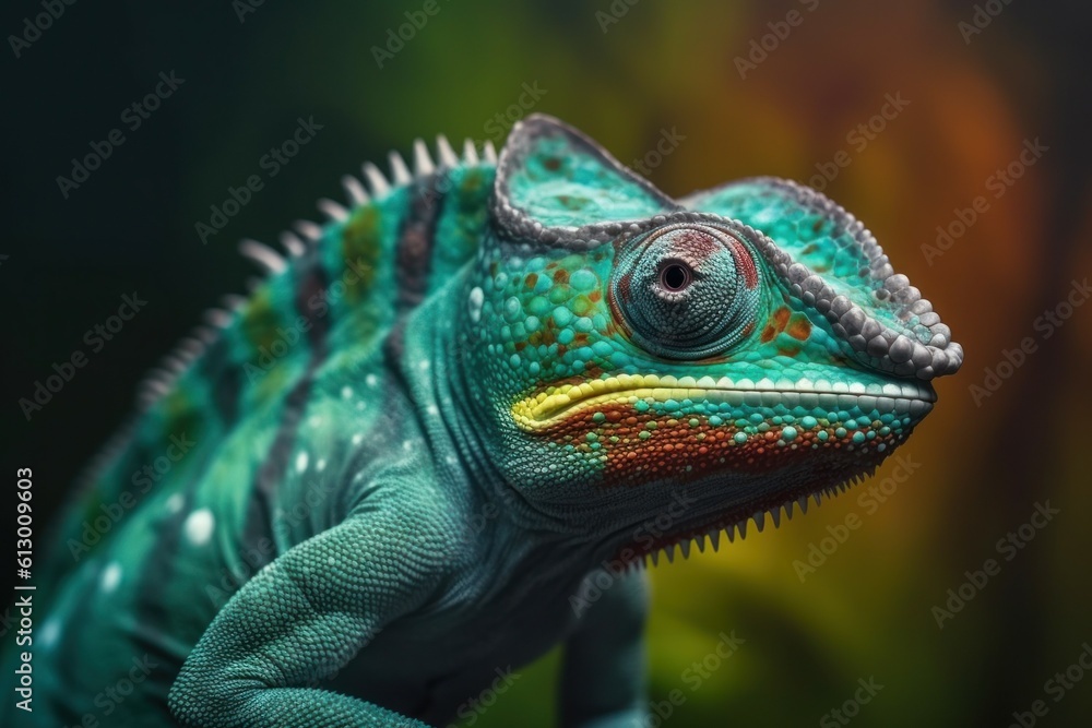 Green colored chameleon close up. AI generated, human enhanced Green colored chameleon close up. AI generated, human enhanced