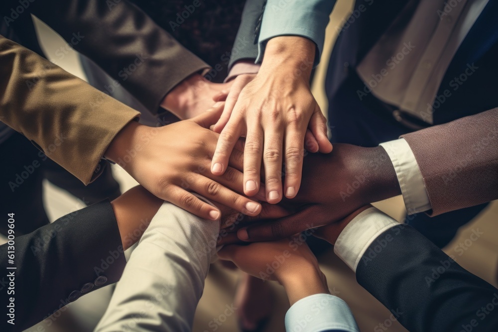 Hands of a friendly close-knit team of colleagues in business. AI generated, human enhanced. Hands of a friendly close-knit team of colleagues in business. AI generated, human enhanced.