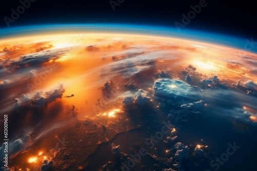 Radiation glow after nuclear explosion, view from space. The concept of thermonuclear war. AI generated, human enhanced