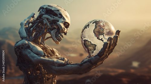 abstract, scary robot in humanoid shape looks at planet earth in his hand, fragile globe, glass, horror or dramatic abstract, steppe and desert landscape, parched dry land photo