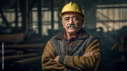 mature adult man works in a workshop, factory worker, smiling