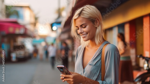 young adult woman outdoors in a small town, city life and fun, writing a message with smartphone, caucasian, blonde medium length hair, summer shirt, fictional location
