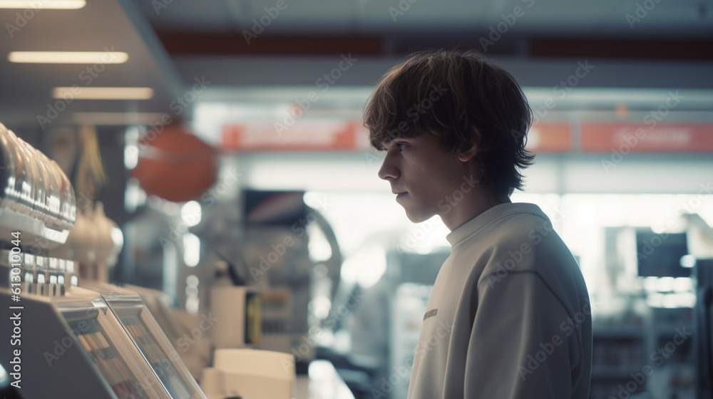 teenage boy self-checking out at the checkout in a small store or gas station or kiosk, modern white, caucasian, teenage boy self-checking out at the checkout in a small store or gas station or kiosk, modern white, caucasian,