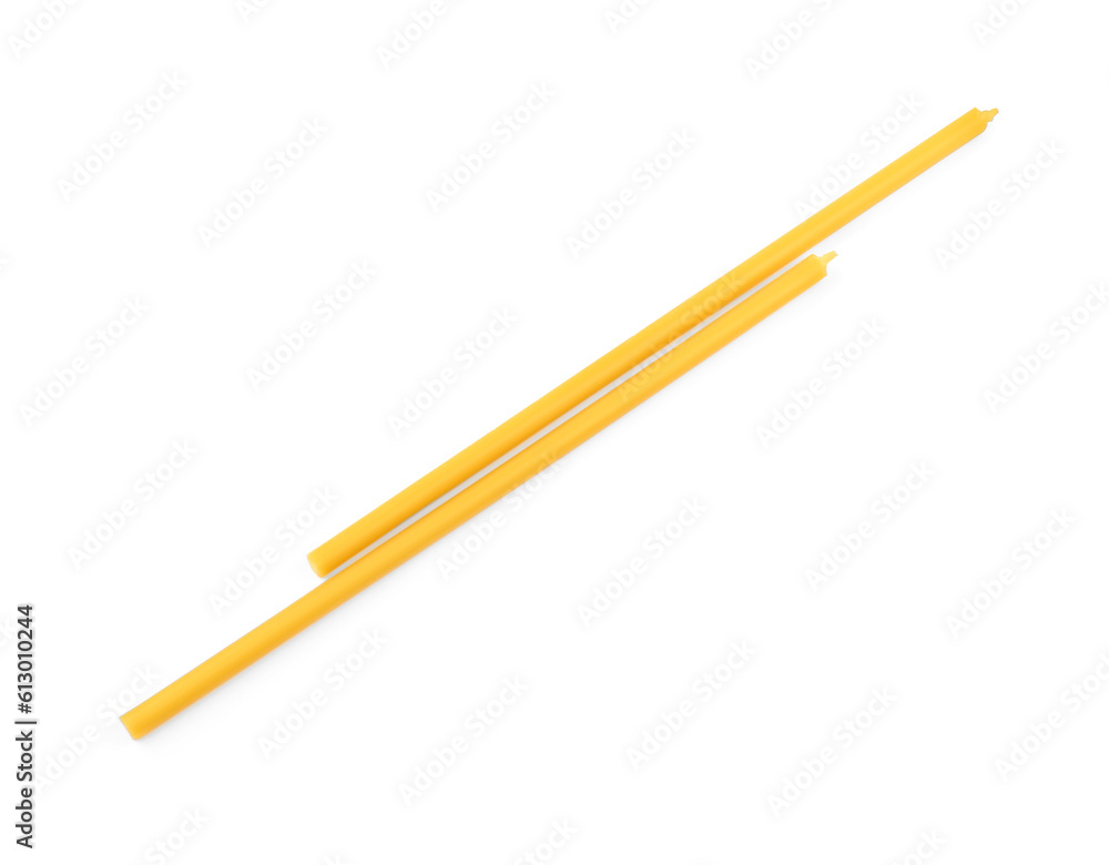 New church candles on white background, top view New church candles on white background, top view
