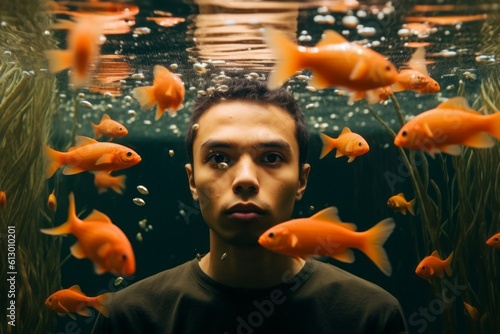 A man looks into an aquarium. AI generated  human enhanced.