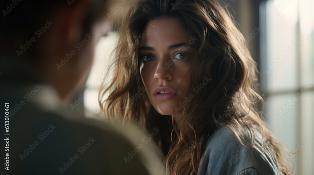 young adult man and woman, couple or friends, fictional problem, sad ...