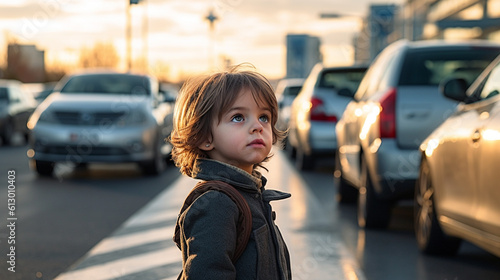 small child, child alone on the road, road traffic and vehicles cars, crossing the road, dangerous because careless, child in road traffic