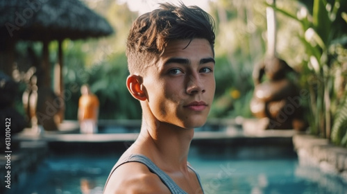 young adult male stands in front of a swimming pool, in a villa or hotel, tropical garden, palm trees and traditional buildings, fictional location