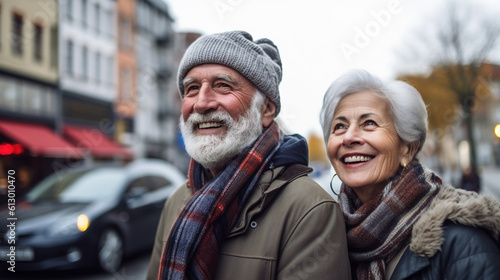 elderly  old man and old woman  spouse  couple together outside in a city  fictitious european place  winter hat and winter jacket and winter scarf  sweet and joy and good mood 