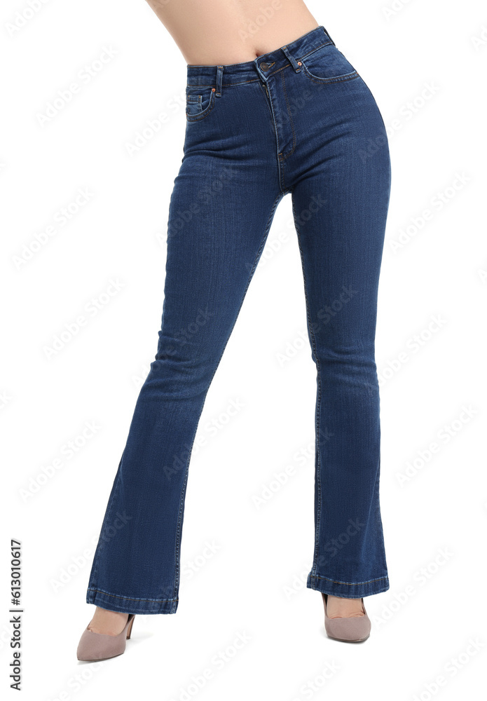 Woman in stylish jeans on white background, closeup Woman in stylish jeans on white background, closeup