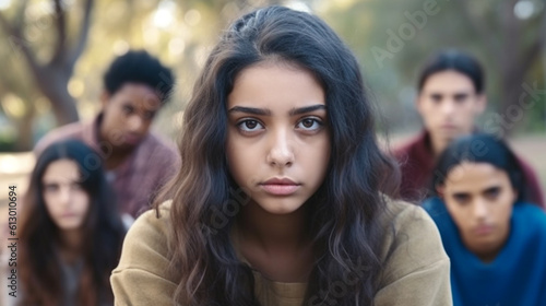 group of young teenagers, boy and girls, friends or group, expulsion from group or bad mood or quarrel or being offended or worries and problems