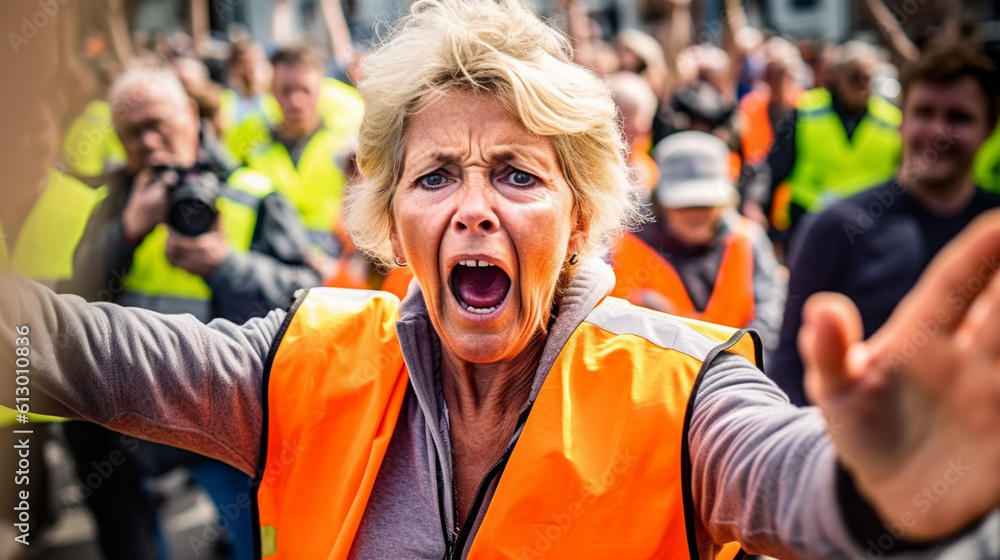 an elderly woman with short hair, anger and annoyance, protests and demonstrates, an uprising, climate protest or strike, fictional event and location an elderly woman with short hair, anger and annoyance, protests and demonstrates, an uprising, climate protest or strike, fictional event and location