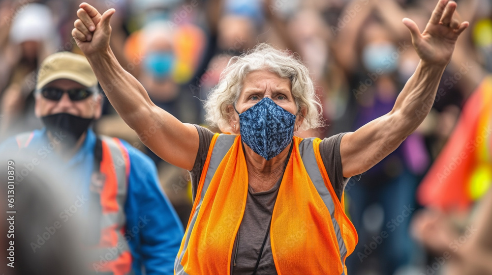an elderly woman with short hair, anger and annoyance, protests and demonstrates, an uprising, climate protest or strike, fictional event and location - obrazy, fototapety, plakaty 
