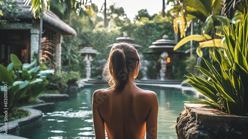 young adult female, slender beautiful pretty, at a swimming pool of a villa or hotel or homestay, fictional tropical location on vacation © wetzkaz