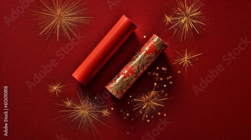 Gorgeous Luxury Wrapped Fourth of July Firecrackers Flat Lay with Metallic Stars and Mini Fireworks Effects - on Matte Red Background - Witchy, Modern Aesthetic with Studio Lighting - Generative AI photo