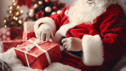 Santa Claus gives or wraps Christmas gifts, close-up hands, red Santa Claus costume, sits on a chair next to the decorated Christmas tree © wetzkaz