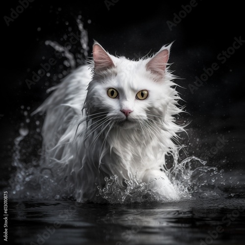 Turkish Van Cat in Shallow Water