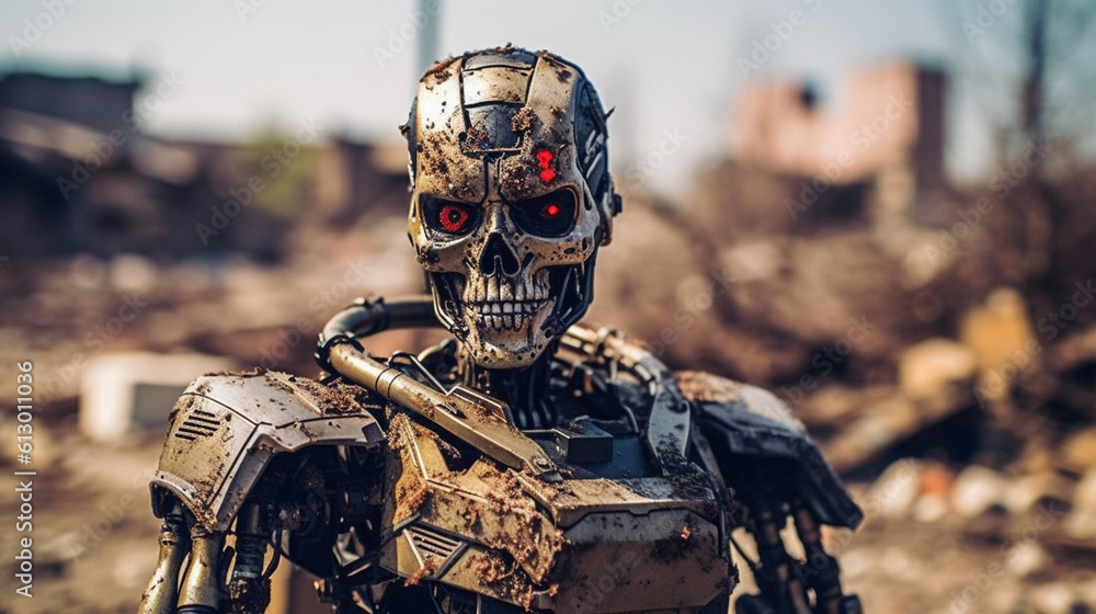 a damaged metal skeleton robot, without human shell, humanoid android with artificial intelligence, in destroyed abandoned environment, machine in war against humanity, metal combat robot and soldier