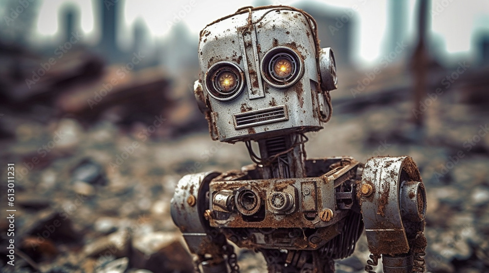 outdated rusty robot, cute and small, humanoid android, artificial intelligence or AGI AI, in the background a destroyed city and landscape, war or climate change, fictional event